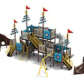 Pirate Ship Themed Playground Equipment With Slides Flags And Climbing Structures 3d model