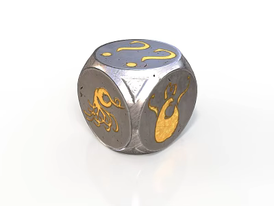 Elegant Silver Metallic Dice With Shiny Surface And Intricate Golden Patterns 3d model