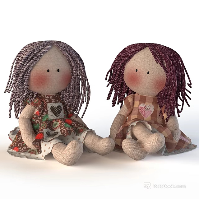 Two Handmade Dolls With Purple And Reddish Purple Hair Wearing Heart Pattern Dresses Sitting Together 3d model 