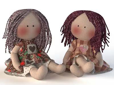 Two Handmade Dolls With Purple And Reddish Purple Hair Wearing Heart Pattern Dresses Sitting Together 3d model