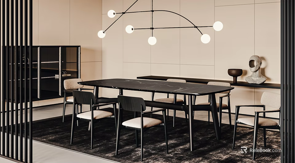 Modern Restaurant Interior With Long Dining Table Chairs Hanging Light And Beige Walls 3d model