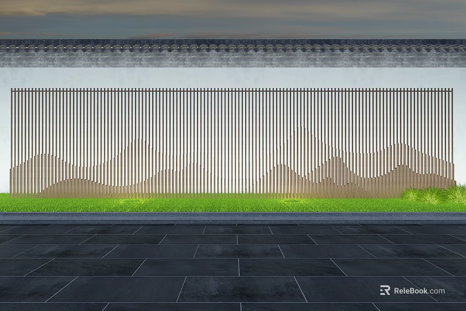 Modern Garden Landscape With Vertical Striped Wall Mountain Pattern Grassy Area And Stone Path 3d model 