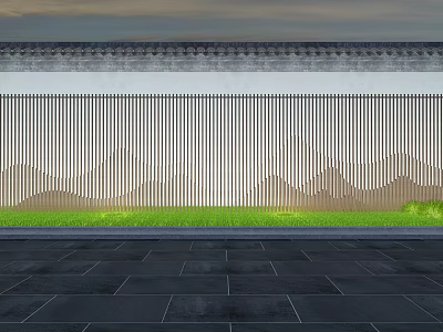 Modern Garden Landscape With Vertical Striped Wall Mountain Pattern Grassy Area And Stone Path 3d model