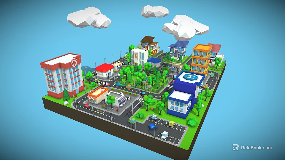 Lively Commercial Street with Various Buildings Green Trees Roads and Vehicles 3d model 