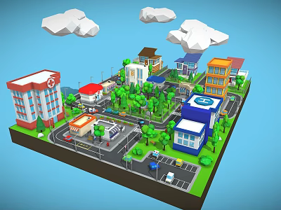 Lively Commercial Street with Various Buildings Green Trees Roads and Vehicles 3d model