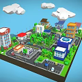 Lively Commercial Street with Various Buildings Green Trees Roads and Vehicles