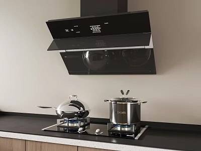Modern Black Kitchen Hood With Gas Stove And Cookware On Countertop 3d model
