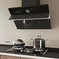 Modern Black Kitchen Hood With Gas Stove And Cookware On Countertop