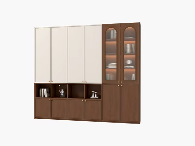 Modern Wooden Bookcase Design With Glass Doors White Panels And Open Storage Shelves 3d model