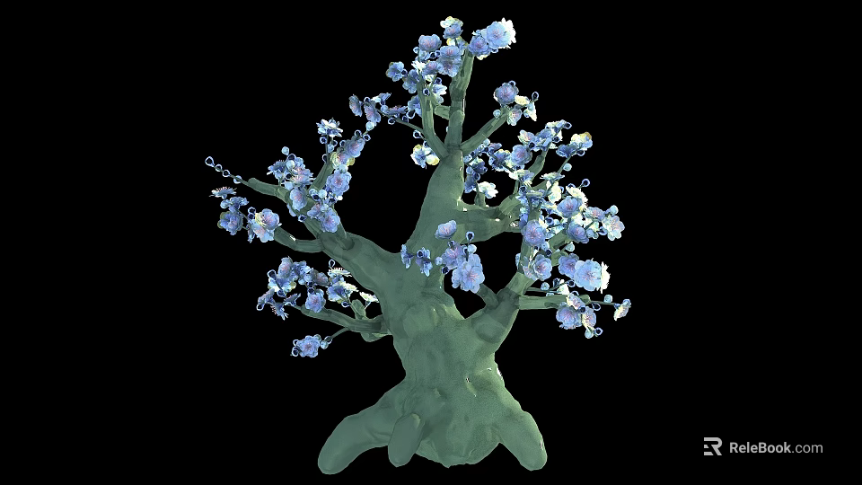 Cartoon Tree Scene with Green Trunk Blue White Flowers on Black Background 3d model 