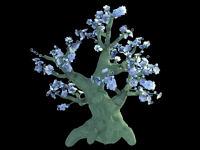Cartoon Tree Scene with Green Trunk Blue White Flowers on Black Background 3d model