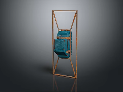 Blue Box Supported by Wooden Frame as Modern Display Stand Art Piece 3d model