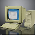 Vintage Beige Computer System With Monitor Tower And Keyboard Showing Blue Interface