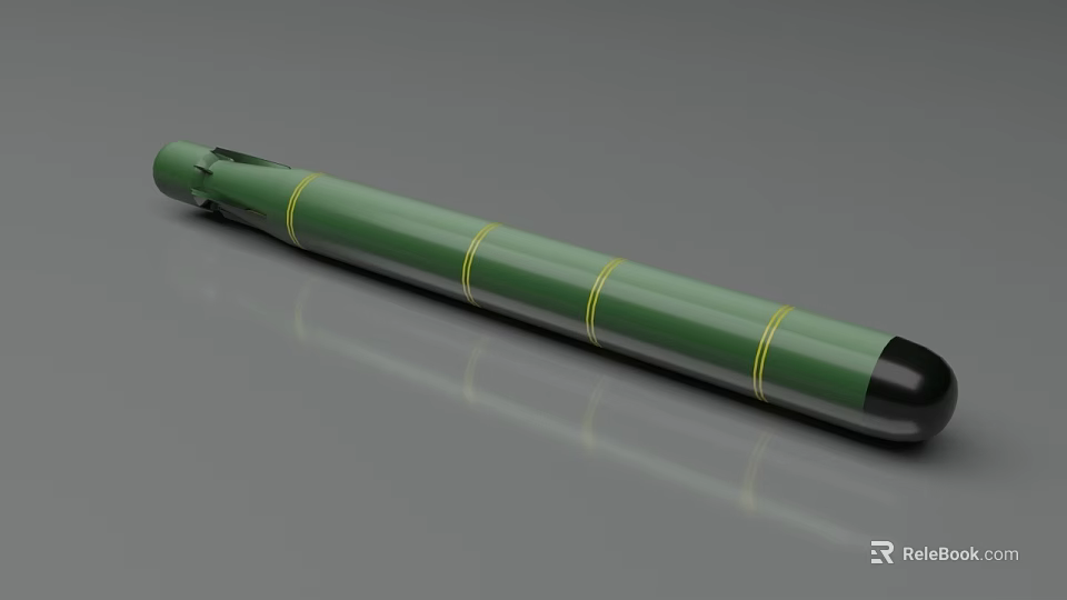 Green Cylindrical Military Weapon Design With Yellow Stripes And Black Tip 3d model 