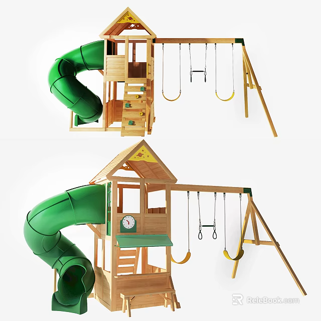 Kids Wooden Outdoor Playground Equipment with Green Slide Swings Playhouse and Ladder 3d model 