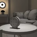 Round White Decorative Lamp On Marble Coffee Table In Minimalist Living Room With Gray Sofa