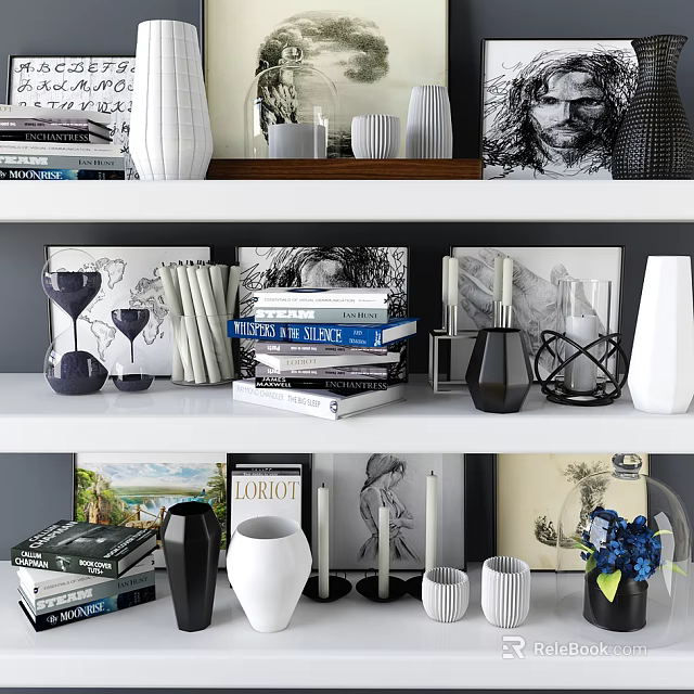 Stylish Decorative Ornament Set With Stacked Books Ceramic Vases And Candle Holders 3d model 