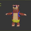 3D Red Bear with Black Nose Brown Belly Blue Suspenders Yellow Shorts Standing Arms Outstretched