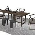 Modern Chinese Style Tea Table And Chairs With Stools Tea Set And Carpet 3d model
