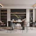 Modern Elegant Restaurant Interior With Dining Table Chairs Wine Cabinet Marble Countertop And Green Plant