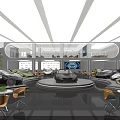 Car Dealership Interior With Luxury Sports Cars Display Wall And Lounge Area