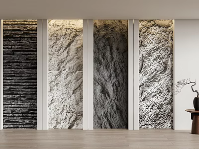 Modern Minimalist Interior Featuring Four Stone Walls With Different Textures And Light Wood Floor 3d model