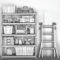 Metal Storage Shelf with Blue Toolboxes Drill and Ladder for Garage Organization