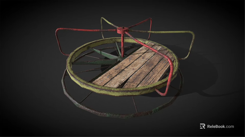 Small Spinning Amusement Ride With Circular Wooden Platform And Red Green Metal Frame 3d model 