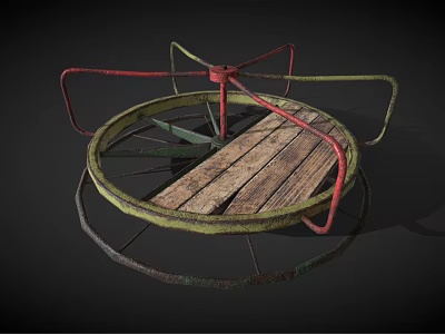 Small Spinning Amusement Ride With Circular Wooden Platform And Red Green Metal Frame 3d model