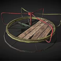 Small Spinning Amusement Ride With Circular Wooden Platform And Red Green Metal Frame