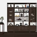 Traditional Chinese Wooden Display Cabinet With Decorative Items Tea Sets Books And Potted Plant