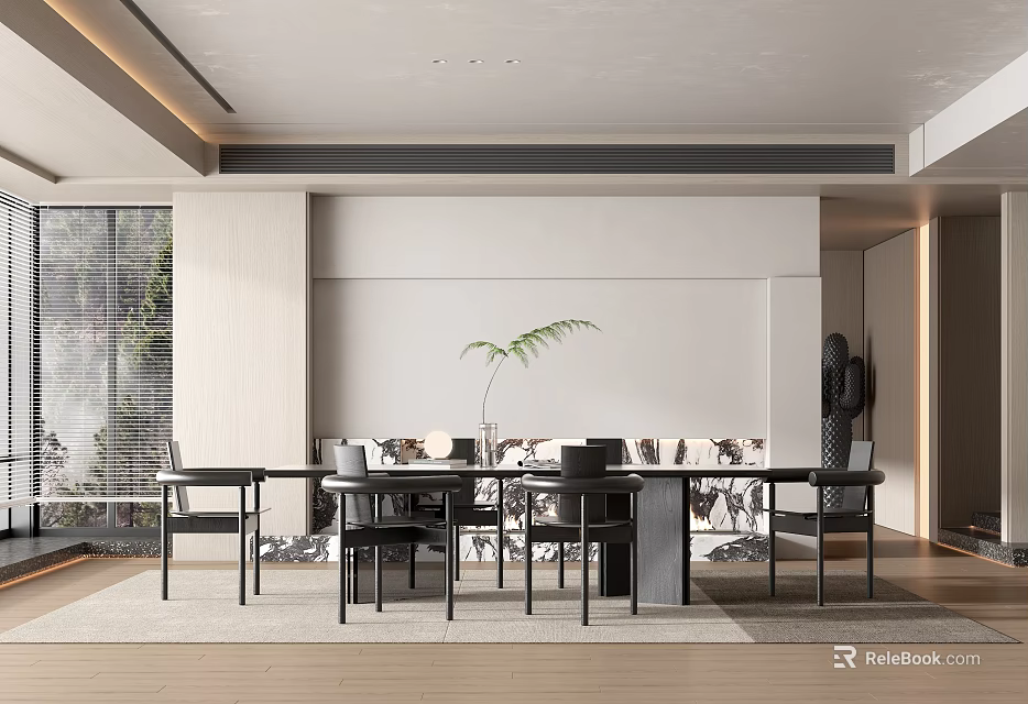Modern Restaurant Interior With Dining Table Chairs Window And Decorative Plants 3d model 