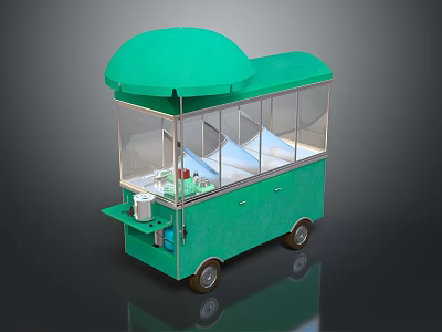 Green Mobile Food Cart With Transparent Windows And Street Food Setup 3d model
