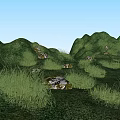 Green Hills Landscape Garden With Lush Grass And Scattered White Stones Under Blue Sky