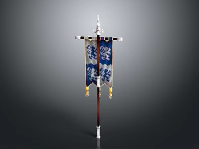 Traditional Weapon With Blue And White Banner Decorative Top Floral Patterns And Gold Tassels 3d model