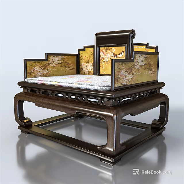 Single Sofa Chinese Traditional Style Wooden Frame Floral Pattern Decorative Panels Upholstered Seat Cushion 3d model 