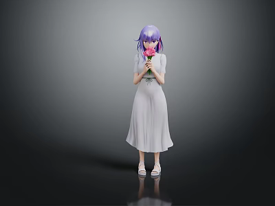 Purple Haired Girl In White Dress Holding Pink Flower Against Gray Background With Floor Reflection 3d model