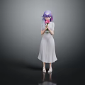 Purple Haired Girl In White Dress Holding Pink Flower Against Gray Background With Floor Reflection