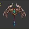 Ornate Battle Axe for Game Movie Character With Intricate Metal Design And Blue Glowing Gem