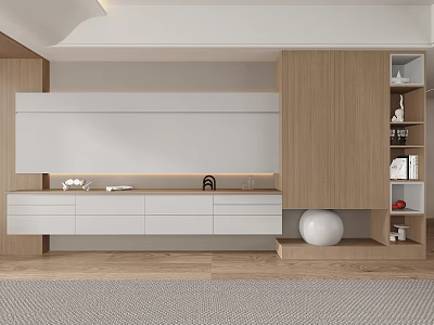 Modern Living Room Design With Light Wood And White Cabinets 3d model