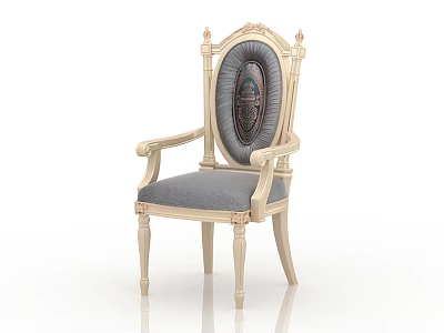 Classic Dining Chair with Armrests Ornate Backrest and Carved Legs Beige Frame Gray Cushion 3d model