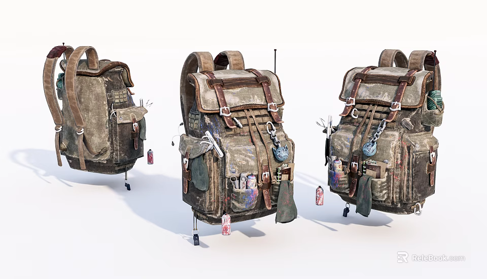 Vintage Military Style Backpacks With Multiple Pockets Hanging Accessories And Patches 3d model 