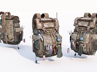 Vintage Military Style Backpacks With Multiple Pockets Hanging Accessories And Patches 3d model