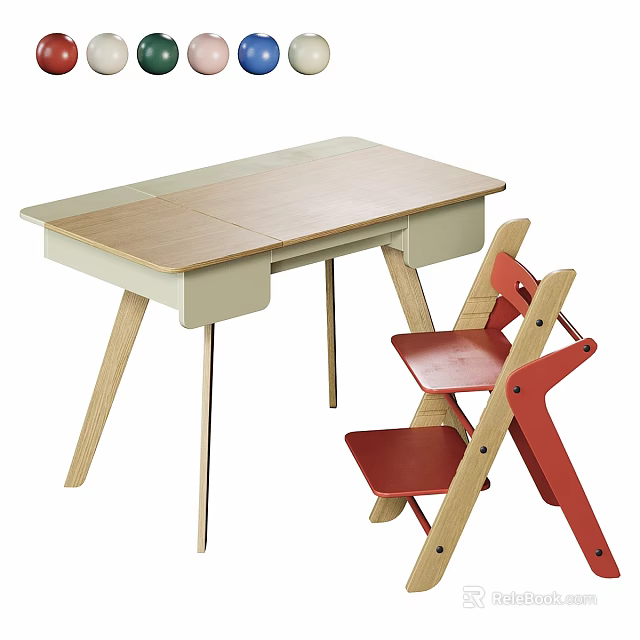 Modern Table And Chair Set With Light Wood Top And Red Minimalist Chairs 3d model 