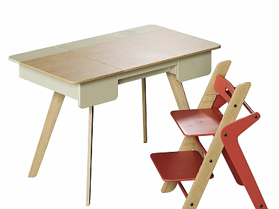Modern Table And Chair Set With Light Wood Top And Red Minimalist Chairs 3d model