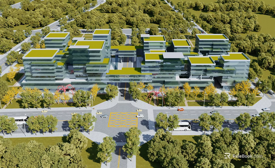 Comprehensive Bird's Eye View Planning With Green Roof Buildings And Tree-Lined Roads 3d model 