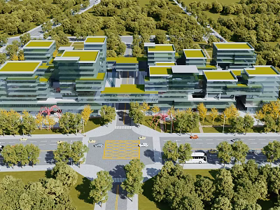 Comprehensive Bird's Eye View Planning With Green Roof Buildings And Tree-Lined Roads 3d model