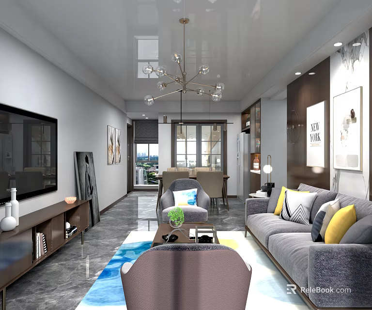 Modern Living Dining Room Interior With Gray Sofa TV Chandelier And Dining Table 3d model 