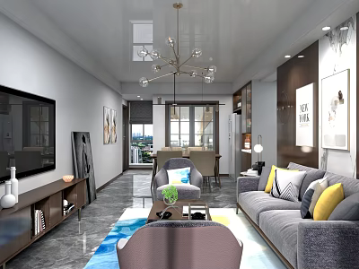 Modern Living Dining Room Interior With Gray Sofa TV Chandelier And Dining Table 3d model