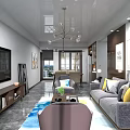 Modern Living Dining Room Interior With Gray Sofa TV Chandelier And Dining Table